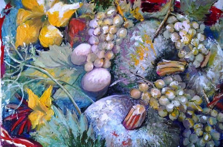 Zucche, uva e uova del giardino